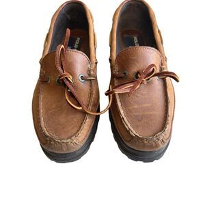 Polo Sport Ralph Lauren Women’s Leather Boat Shoes 7B Brown Moc Toe Lug Sole